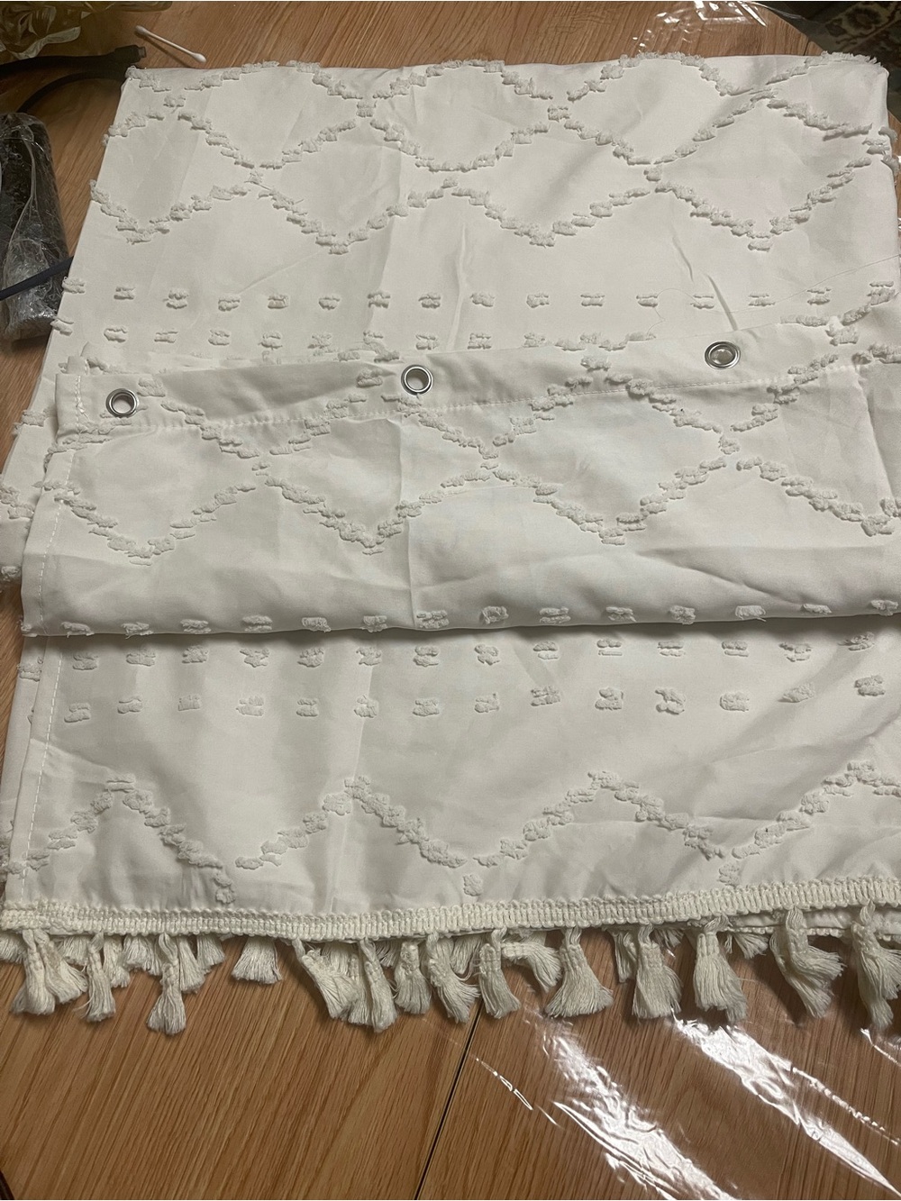 Neutral Ivory Textured Curtain with Tassel Trim - shower curtain